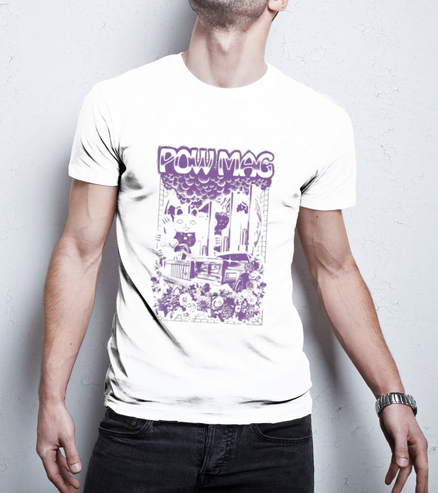 Powell Mag Cat Skateboarding Graphic With Floral Accents T-Shirt