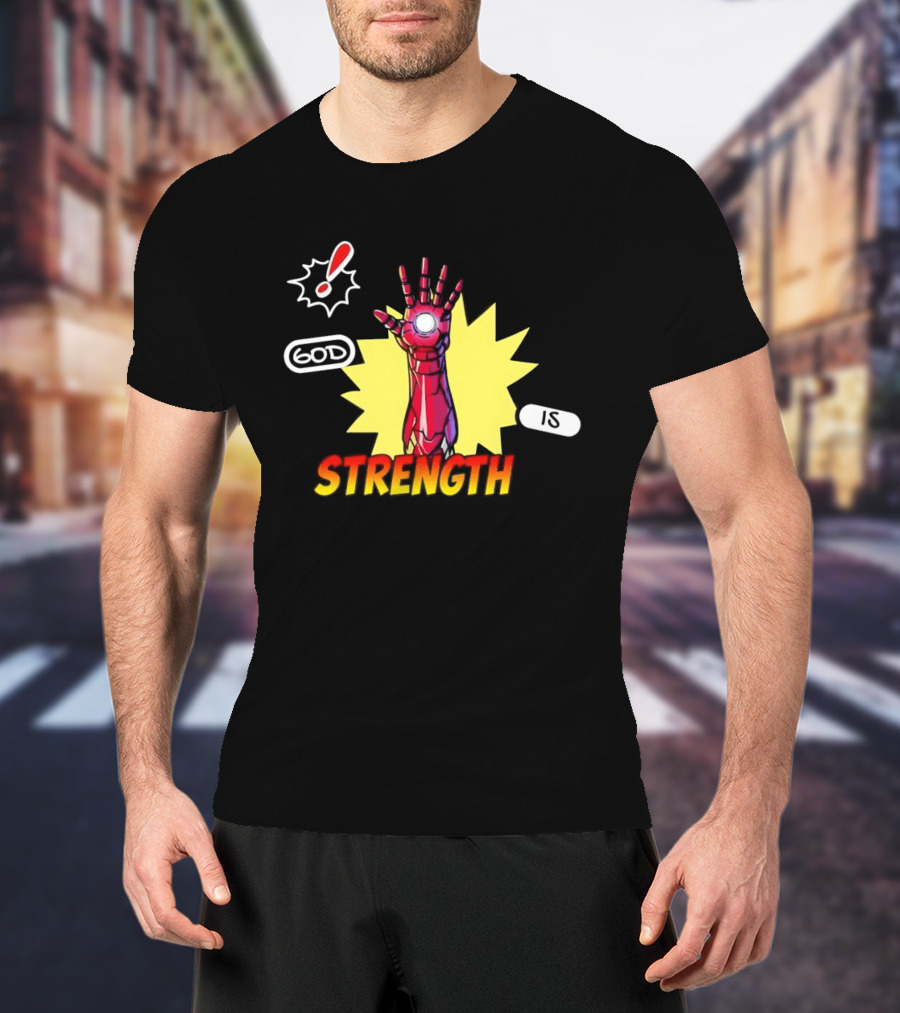 Iron Man God Is Strength Exclamation Comic Style Burst T-Shirt