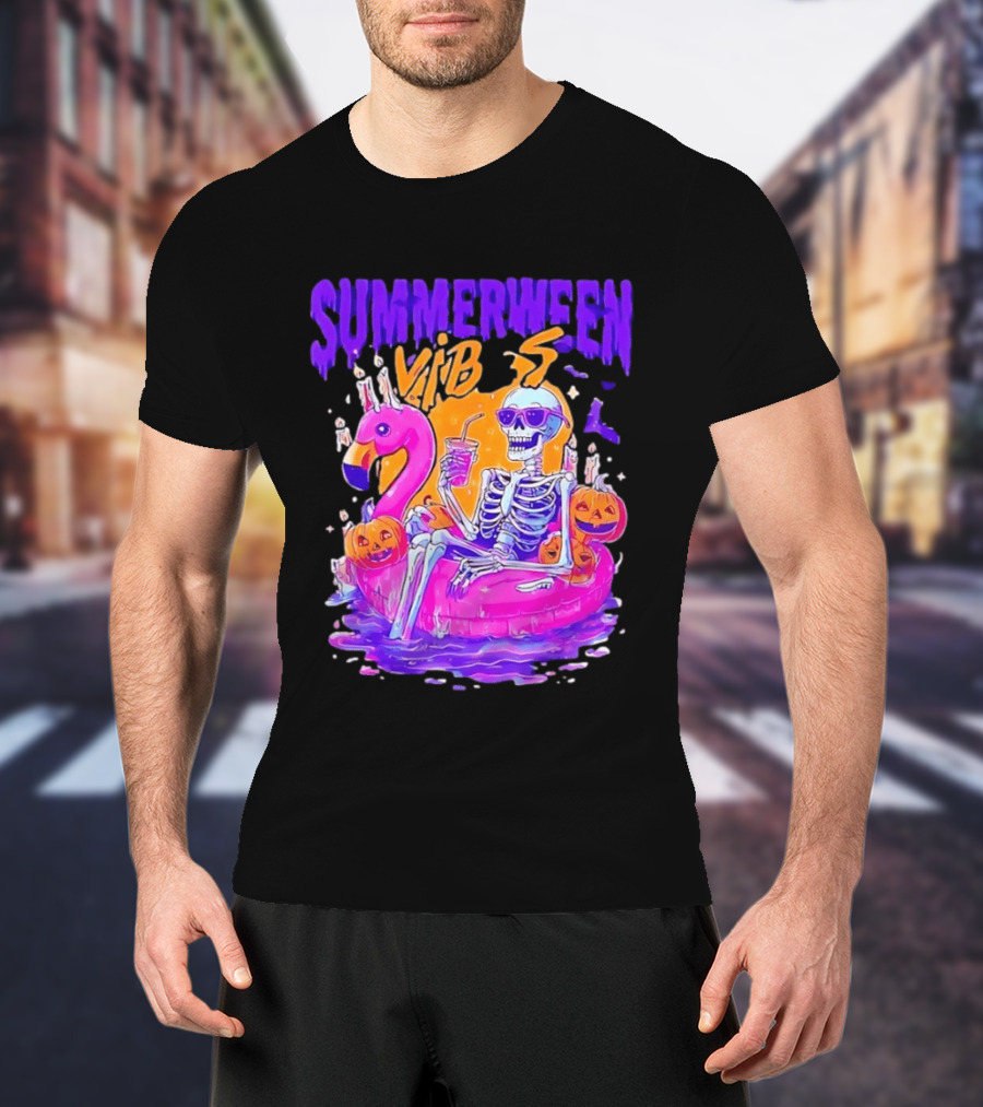 Summerween Vibes Skeleton On Flamingo With Pumpkins T-Shirt