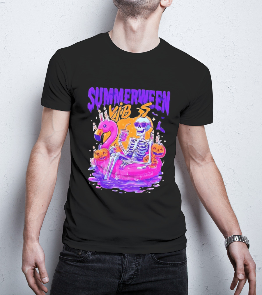 Summerween Vibes Skeleton On Flamingo With Pumpkins T-Shirt