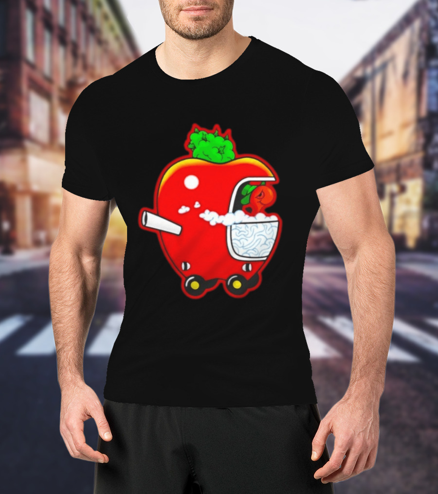 Smokey Worm Apple Cartoon Red Apple With Smoke And Wheels T-Shirt
