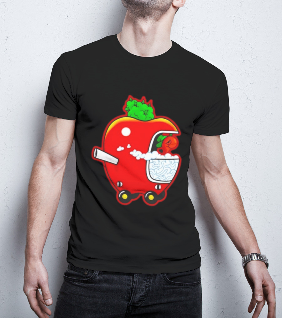 Smokey Worm Apple Cartoon Red Apple With Smoke And Wheels T-Shirt