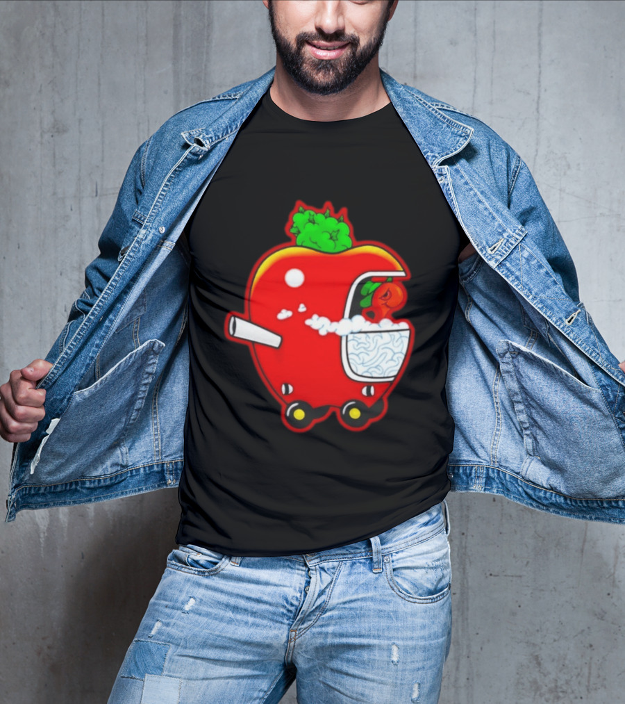 Smokey Worm Apple Cartoon Red Apple With Smoke And Wheels T-Shirt