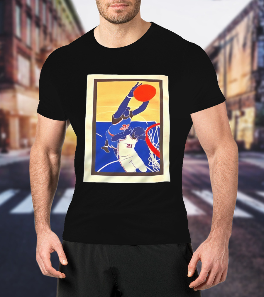 Mitchell Robinson 23 Dunking Joel Embiid 21 New York Knicks Basketball NBA 2026 T-Shirt