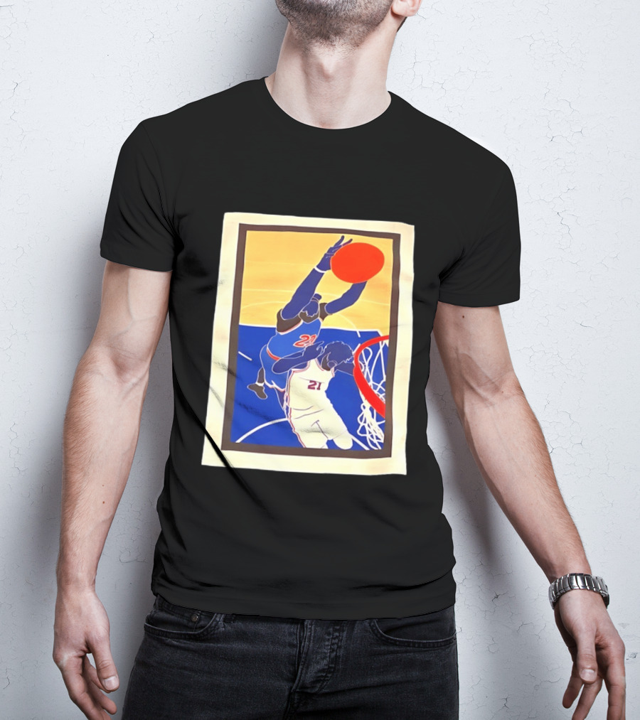 Mitchell Robinson 23 Dunking Joel Embiid 21 New York Knicks Basketball NBA 2026 T-Shirt