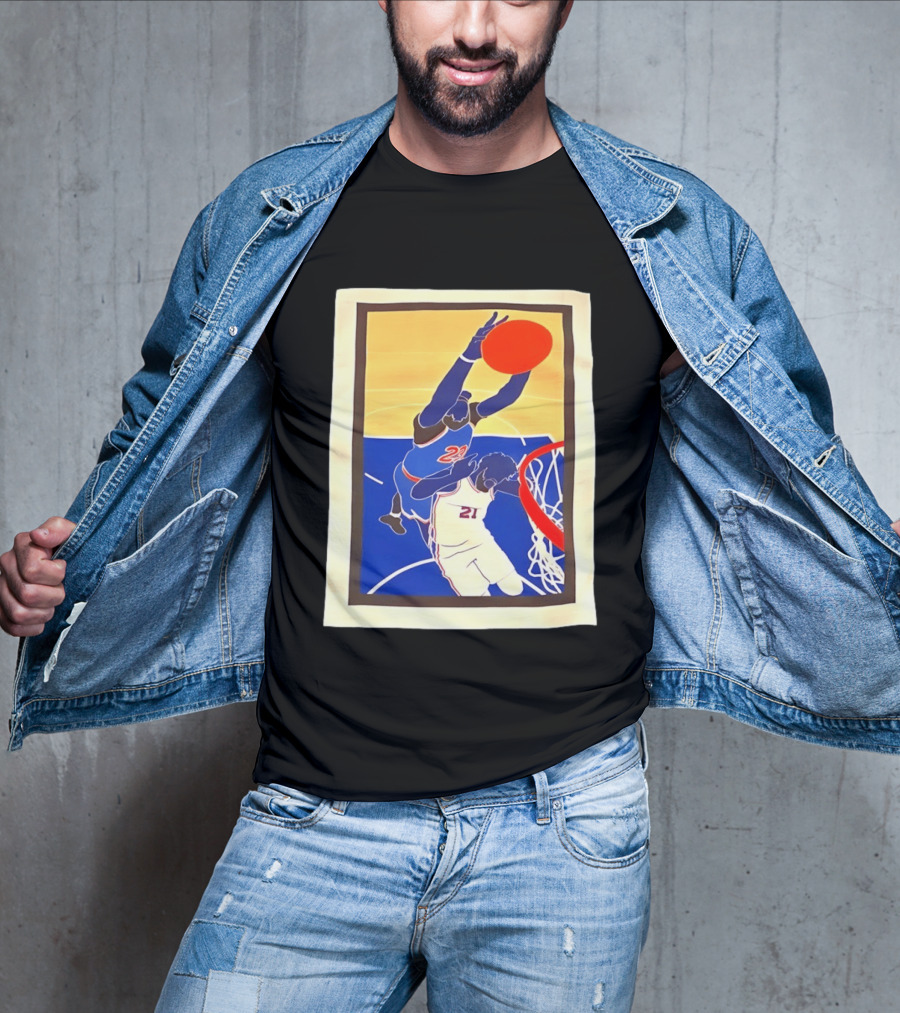 Mitchell Robinson 23 Dunking Joel Embiid 21 New York Knicks Basketball NBA 2026 T-Shirt