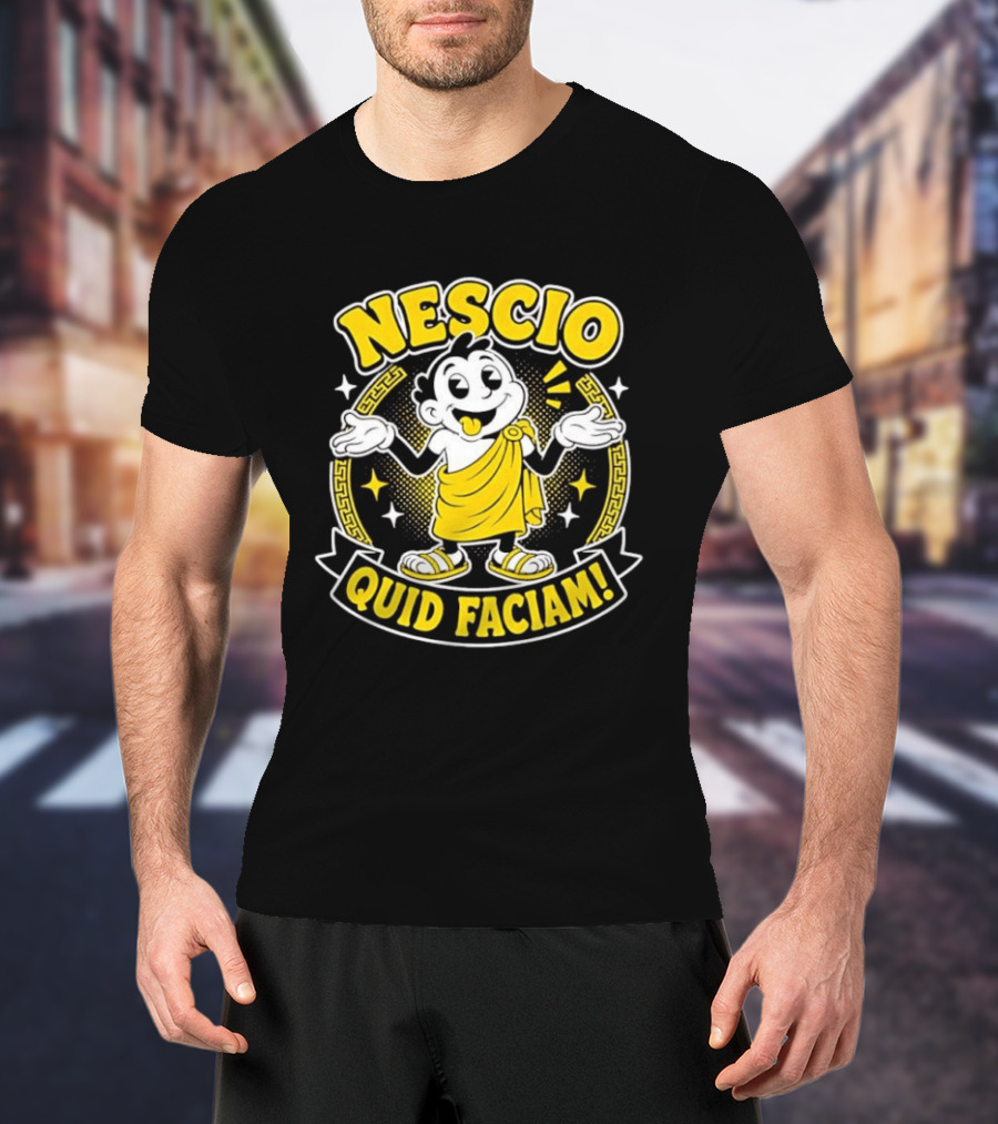 Nescio Quid Faciam Cartoon Ancient Roman Character Greek Key Border T-Shirt