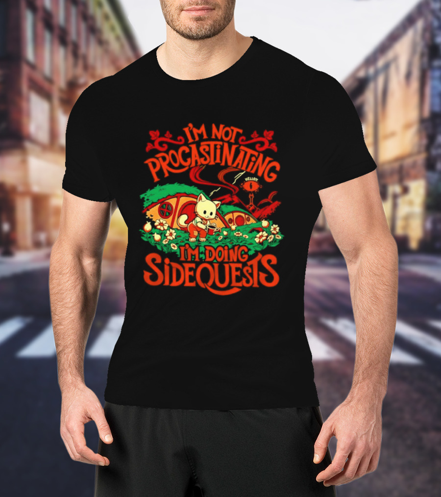 I'm Not Procrastinating I'm Doing Side Quests Cute Cat Adventure Scene T-Shirt
