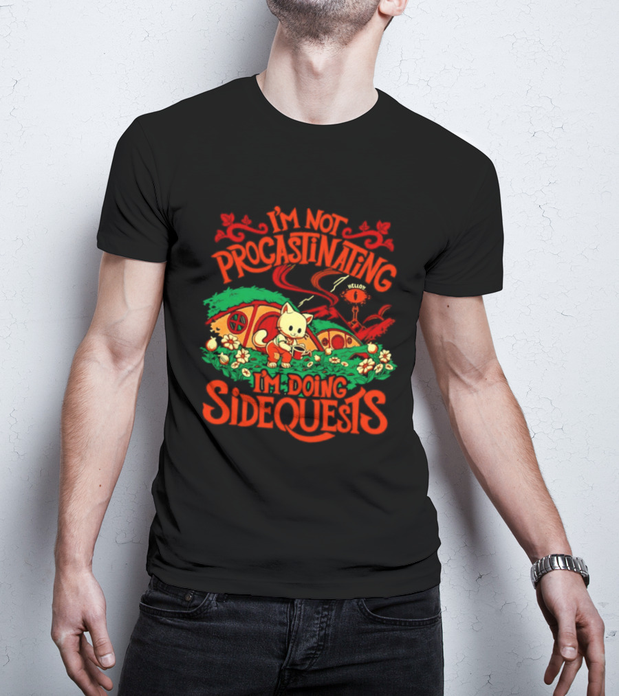 I'm Not Procrastinating I'm Doing Side Quests Cute Cat Adventure Scene T-Shirt