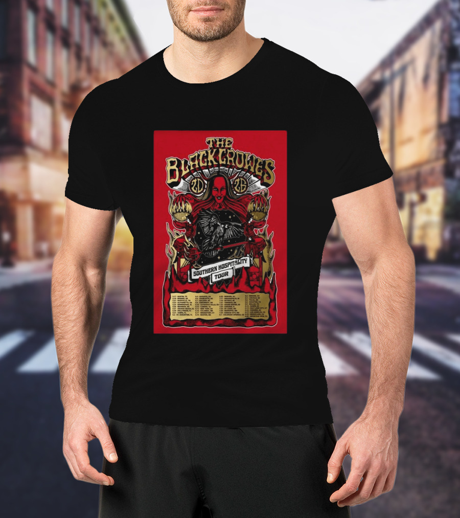 The Black Crowes Southern Hospitality Tour 2026 Red Background Gothic Crow Imagery Vintage Band Tour Dates T-Shirt