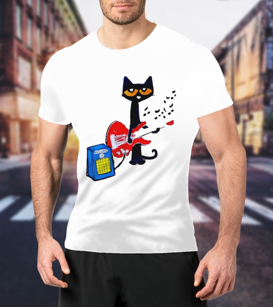 Pete The Cat Playing Red Guitar With Volume Amplifier Music Notes T-Shirt