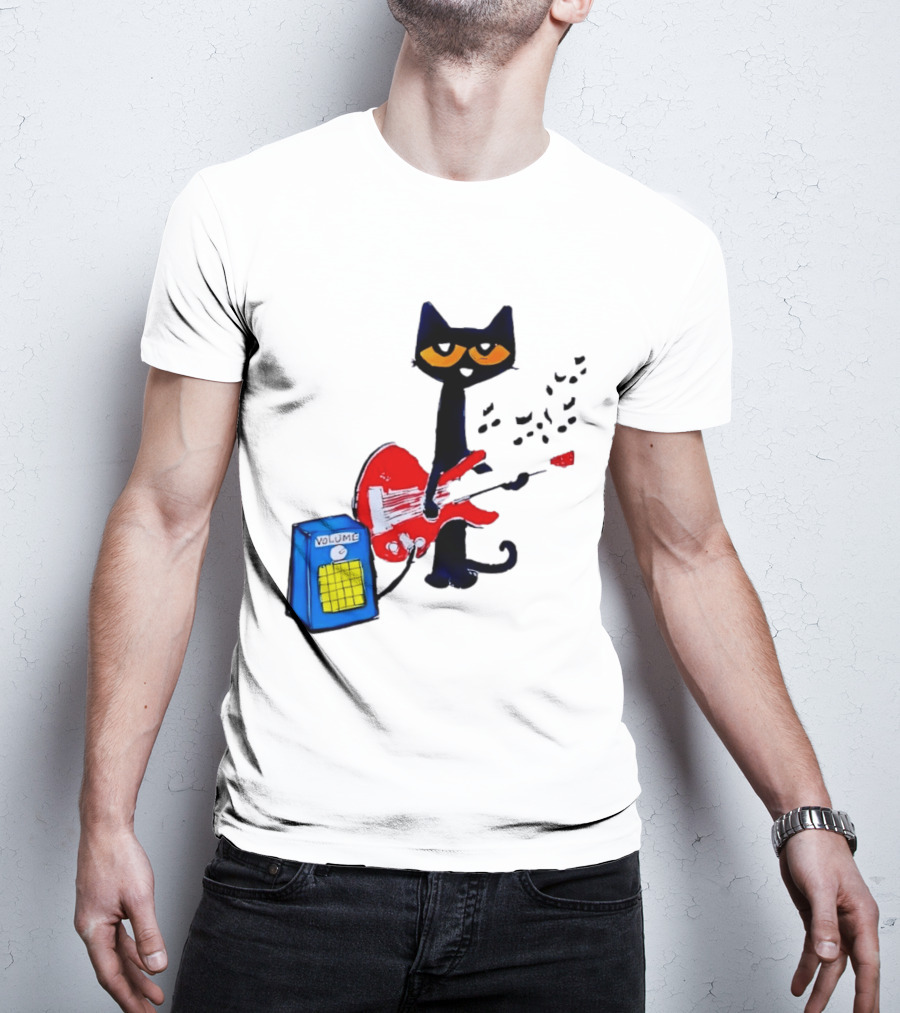 Pete The Cat Playing Red Guitar With Volume Amplifier Music Notes T-Shirt