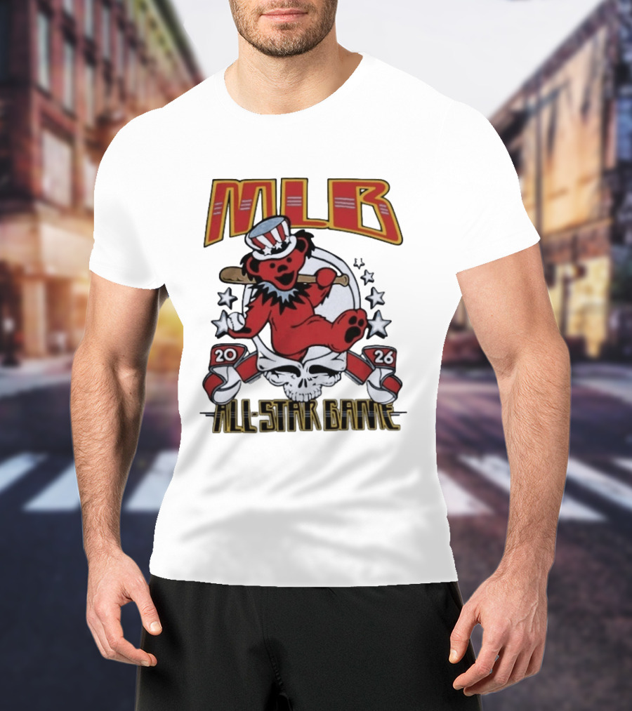 MLB 2026 All Star Game Grateful Dead Bear With Bat Patriotic Hat T-Shirt