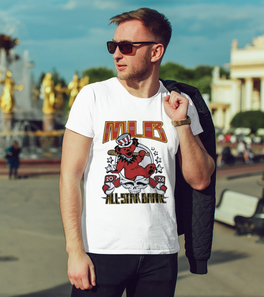 MLB 2026 All Star Game Grateful Dead Bear With Bat Patriotic Hat T-Shirt