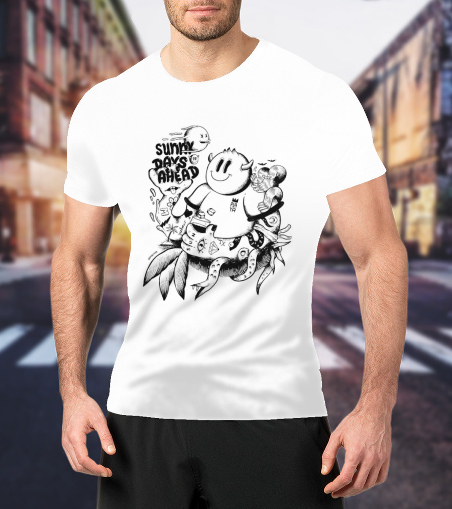Sunny Days Ahead Monster Doodle Happy Cartoon Character With Flowers T-Shirt