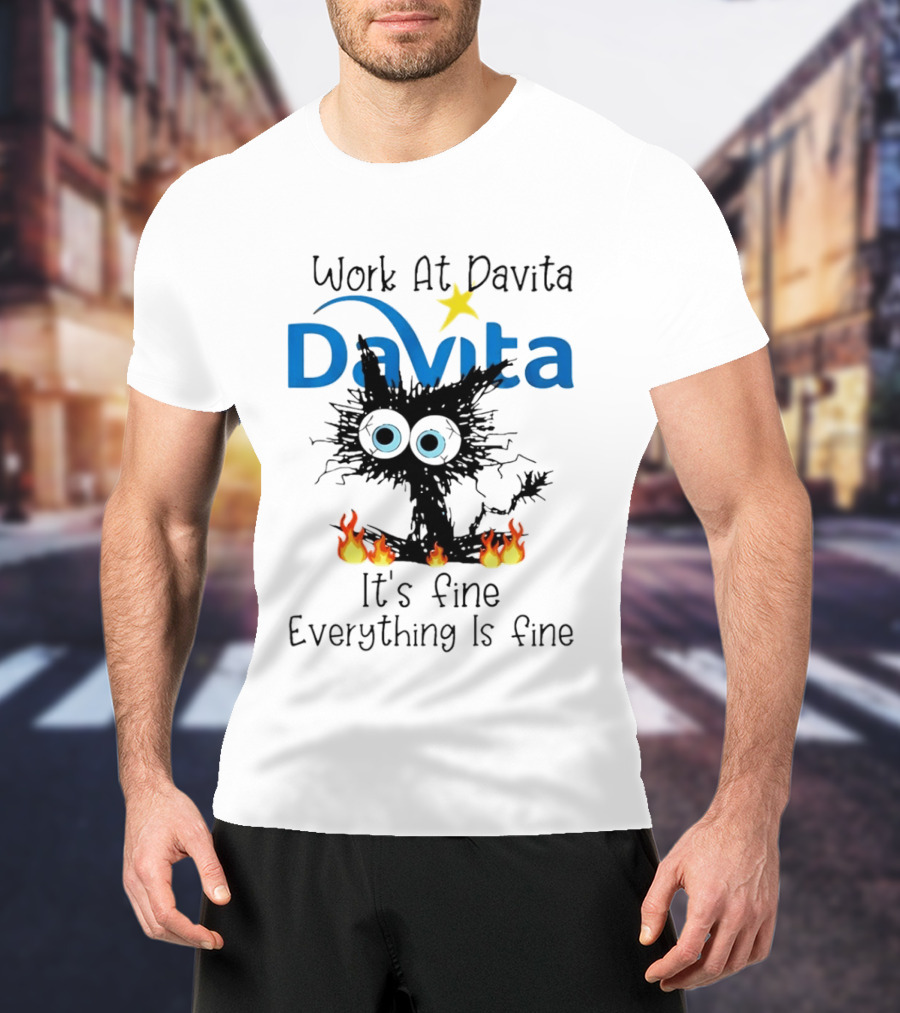 Work At Davita Black Cat It's Fine Everything Is Fine T-Shirt
