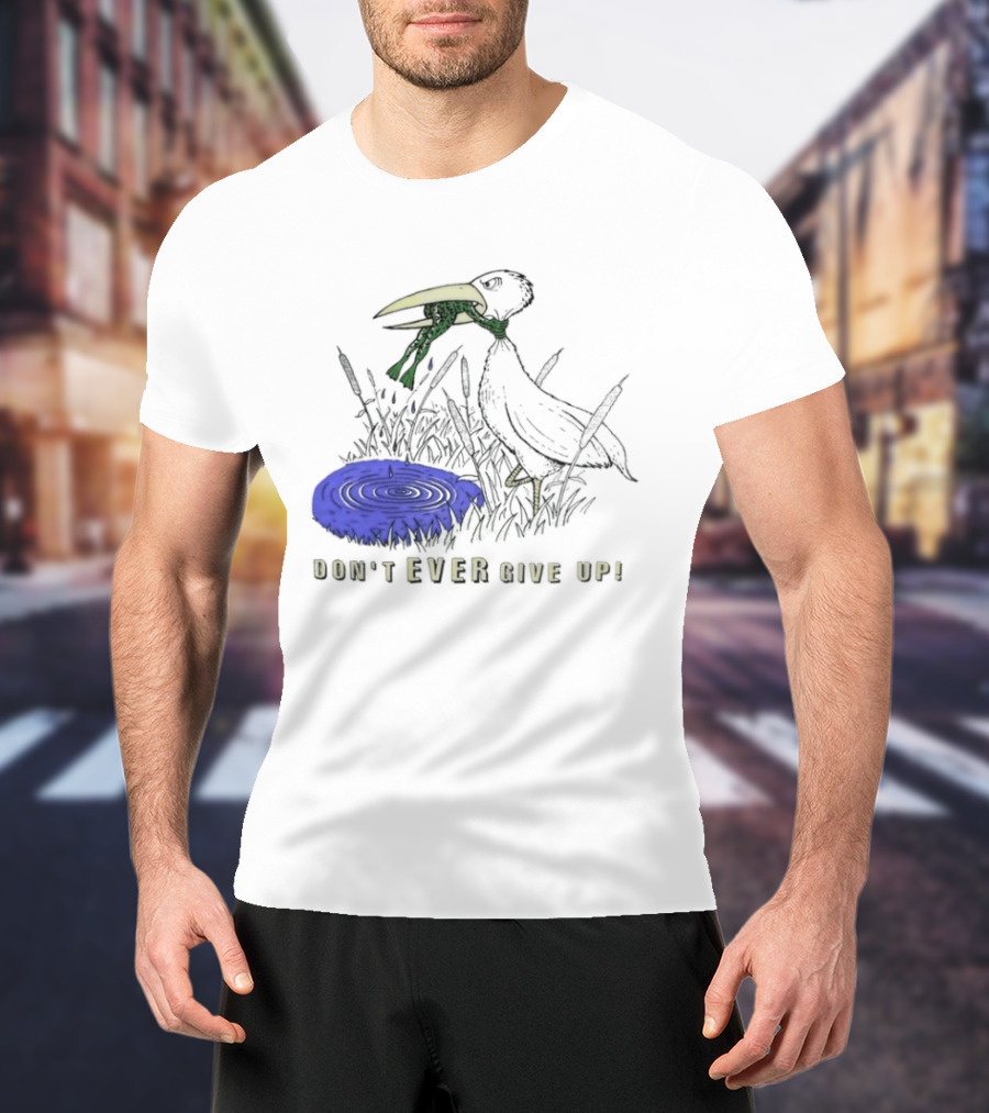 Frog Vs Bird Struggle Never Give Up Inspiring Cartoon Scene T-Shirt