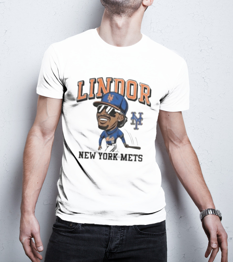 Lindor New York Mets 26 Caricature Baseball Player With Cap T-Shirt