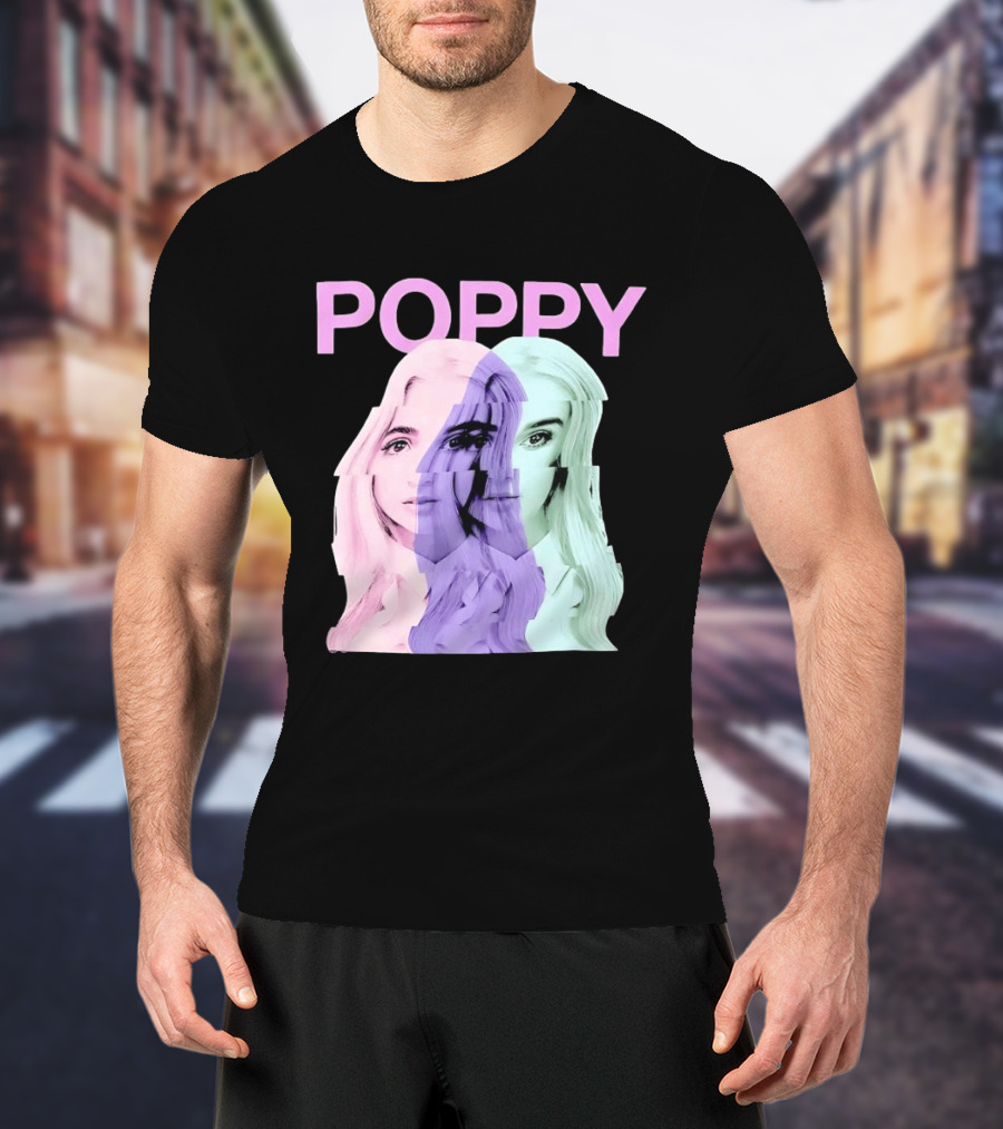 Poppy Digital Muse Glitch Faces Tricolor T-Shirt