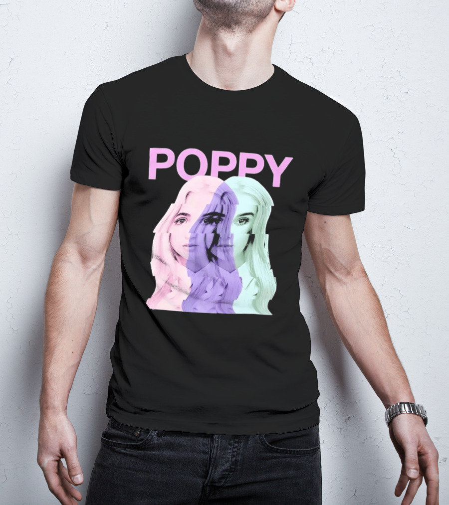 Poppy Digital Muse Glitch Faces Tricolor T-Shirt