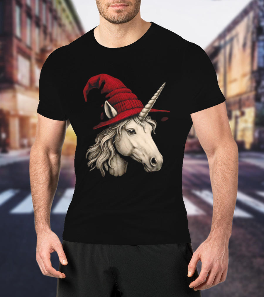 Unicorn With Red Wizard Witch Hat Beanie T-Shirt