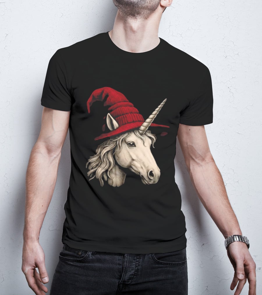 Unicorn With Red Wizard Witch Hat Beanie T-Shirt