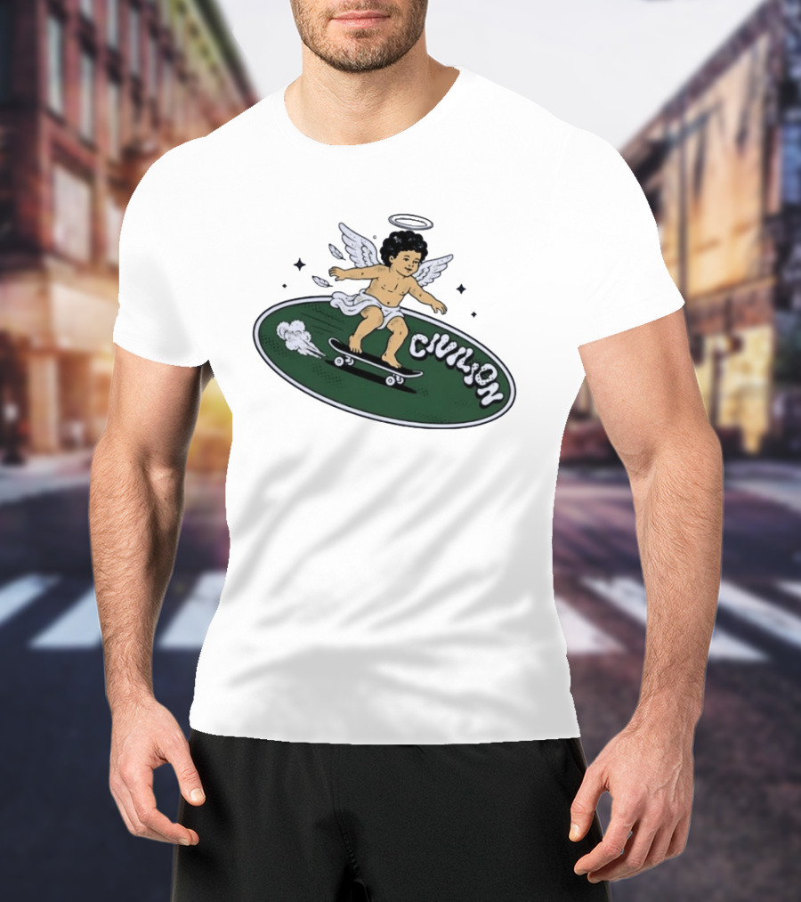 Skateboarding Angel Civilian Halo Wings T-Shirt
