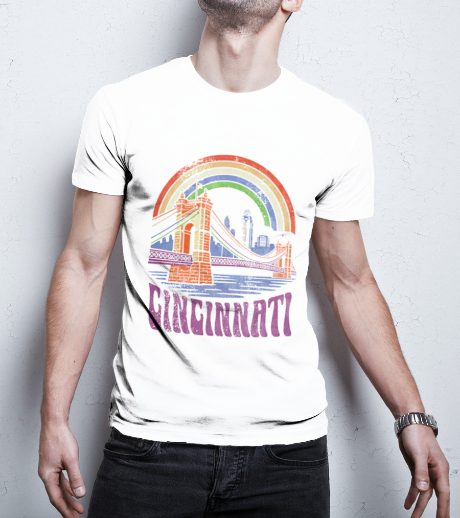Cincinnati Roebling Bridge Rainbow Skyline Proud Of Our City T-Shirt