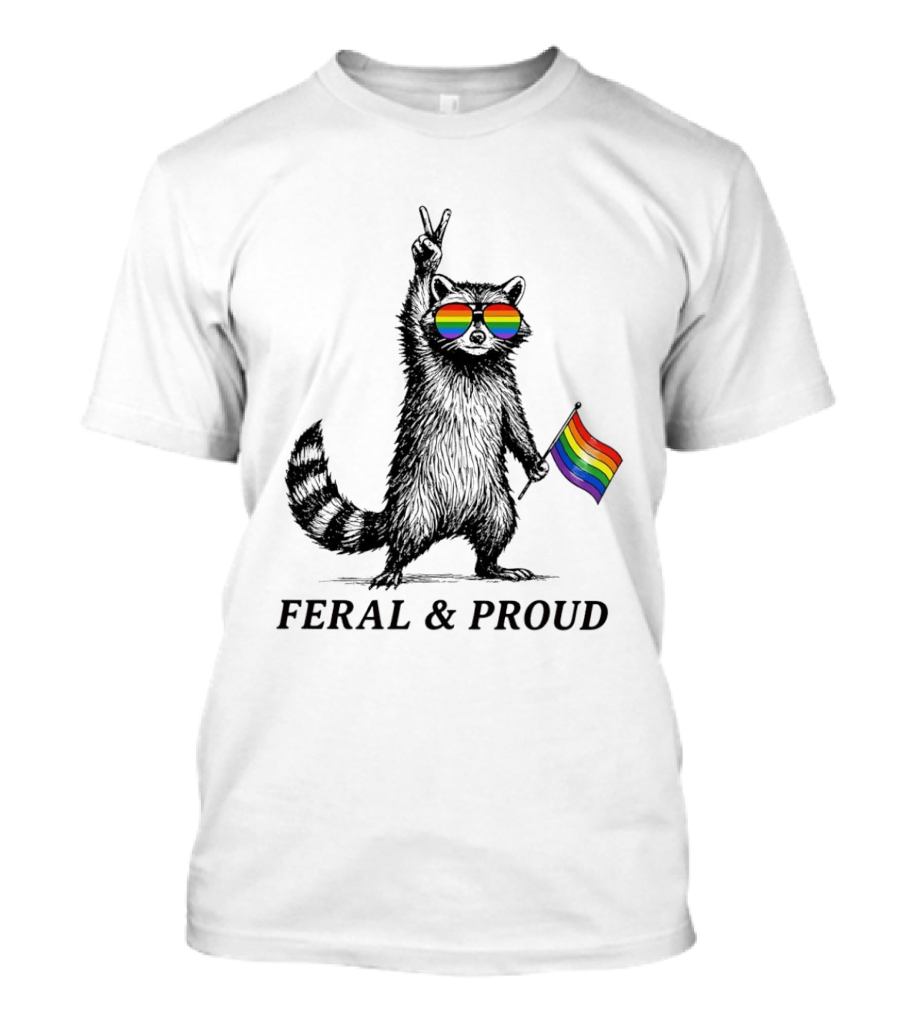Feral And Proud Raccoon Peace Sign Rainbow Sunglasses Flag T-Shirt