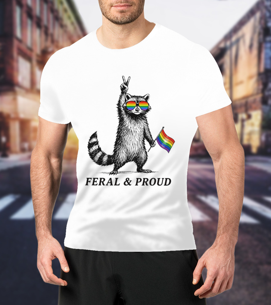 Feral And Proud Raccoon Peace Sign Rainbow Sunglasses Flag T-Shirt