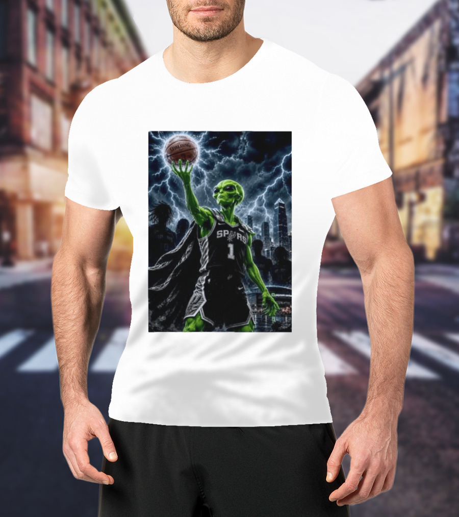 NBA Spurs Alien Spalding Basketball Hovering In Stormy City Skyline T-Shirt