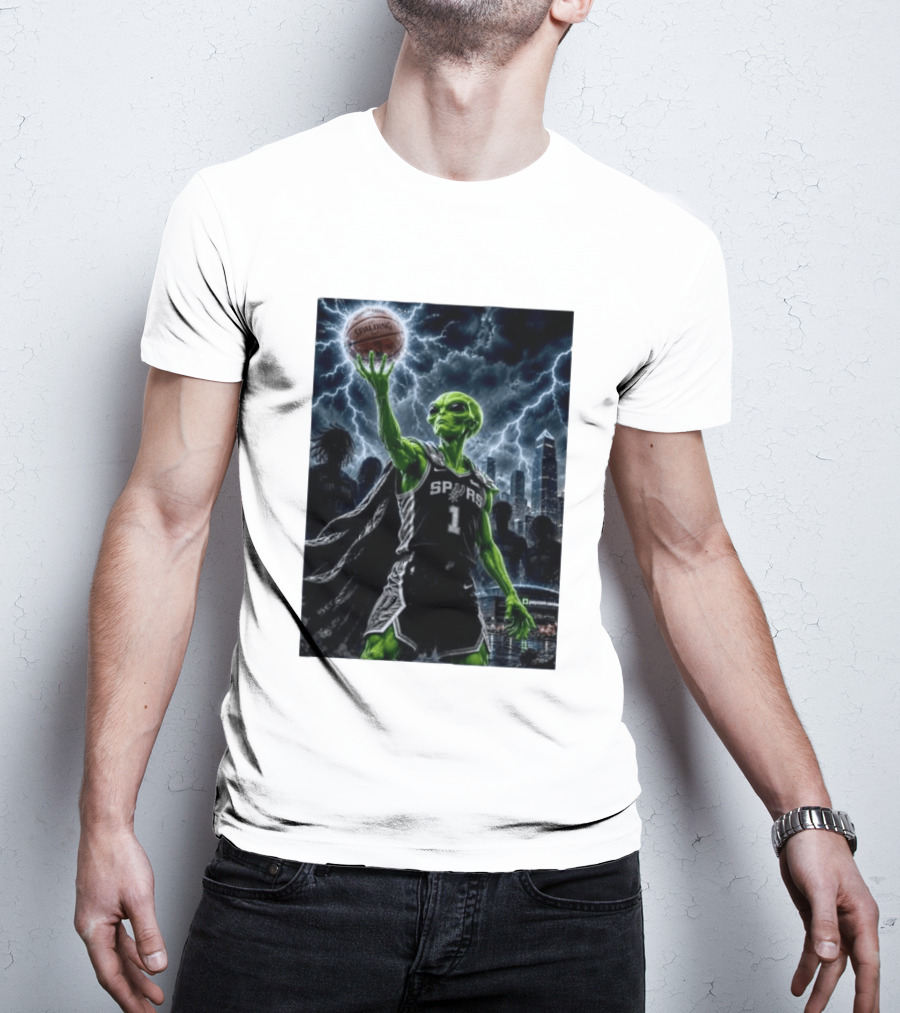 NBA Spurs Alien Spalding Basketball Hovering In Stormy City Skyline T-Shirt