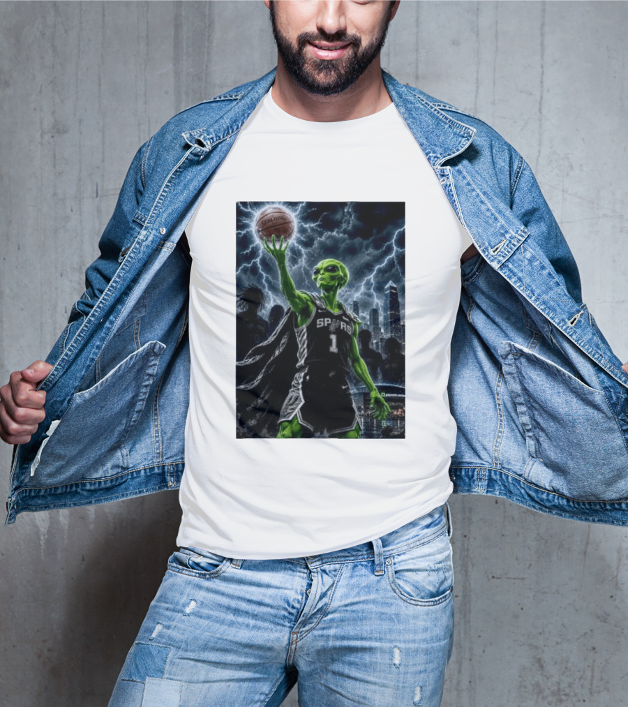 NBA Spurs Alien Spalding Basketball Hovering In Stormy City Skyline T-Shirt