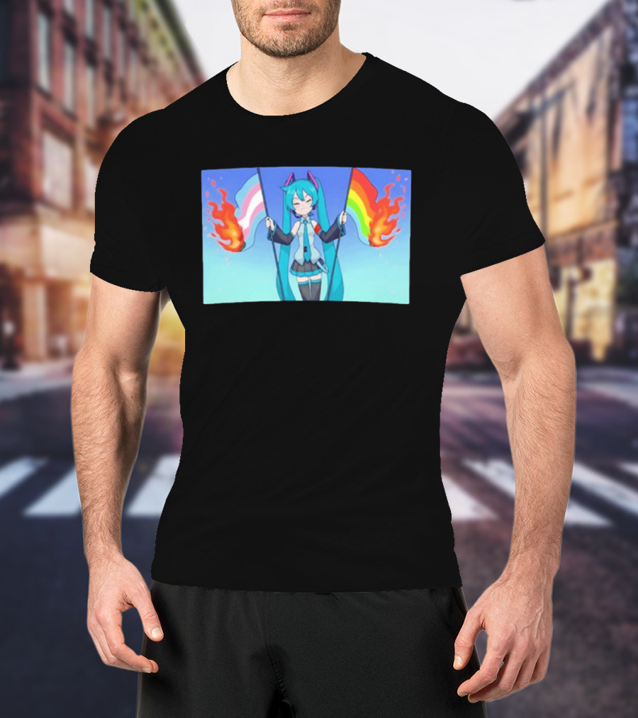 Anime Vocaloid Miku Holding Burning Transgender And Rainbow Flags Controversial Pride Month 2026 T-Shirt