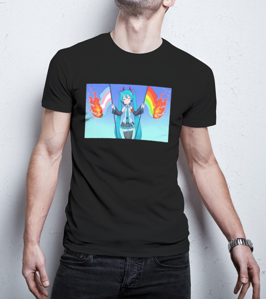 Anime Vocaloid Miku Holding Burning Transgender And Rainbow Flags Controversial Pride Month 2026 T-Shirt