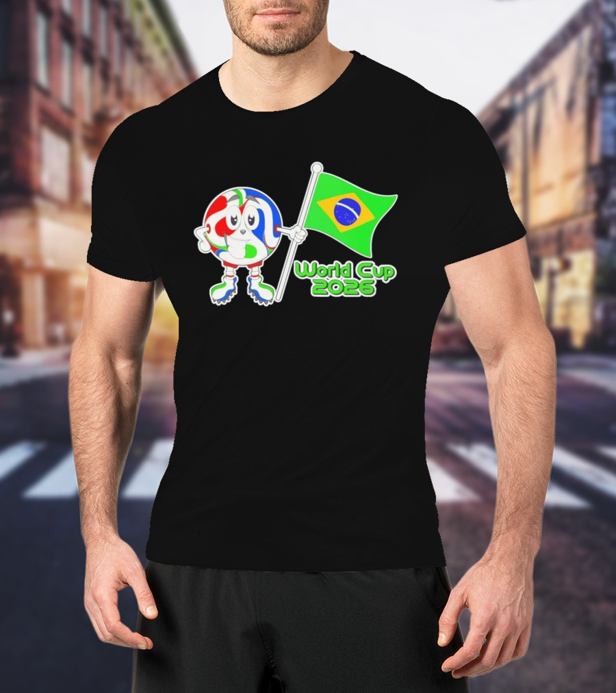 World Cup 2026 Cartoon Character With Brazil Flag Soccer Ball T-Shirt