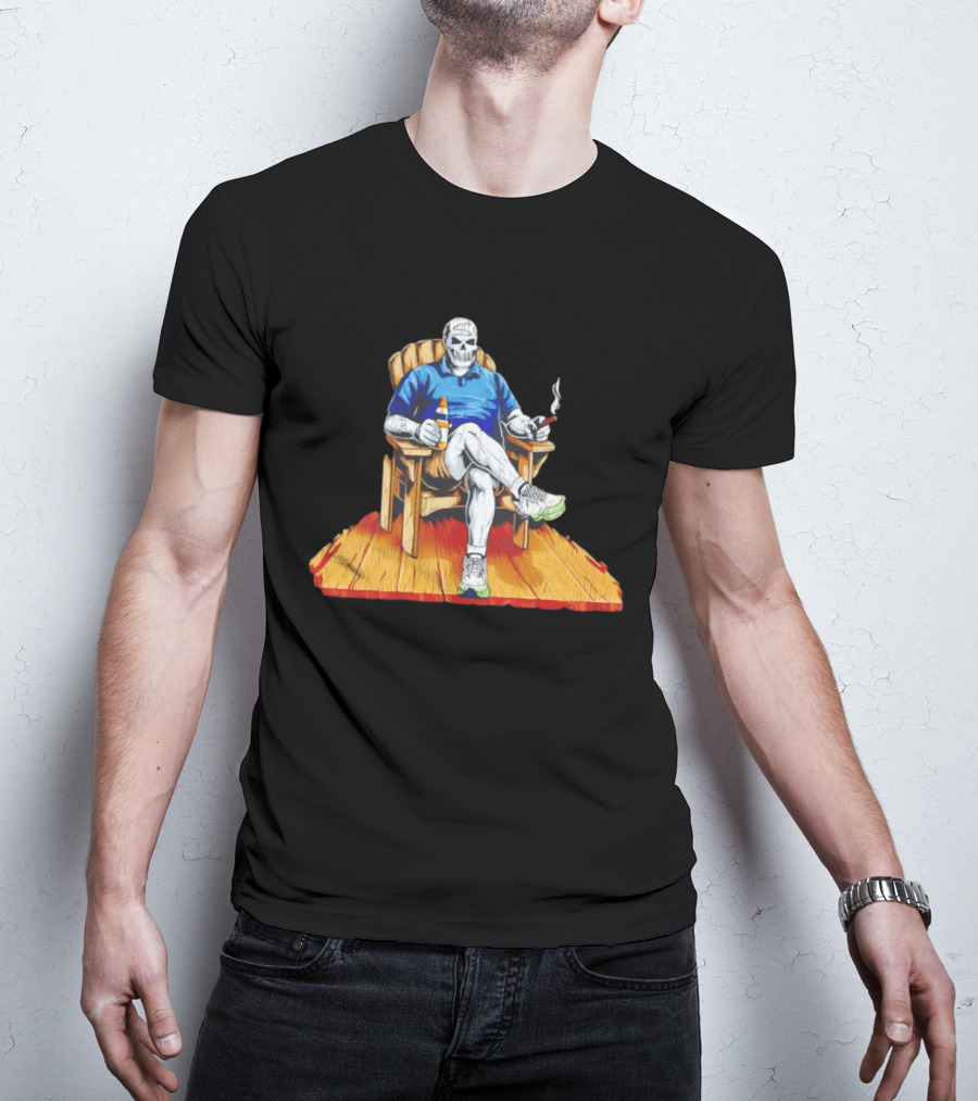 DarthBeards Skull Sitting In A Lawn Chair With Beer And Cigar T-Shirt