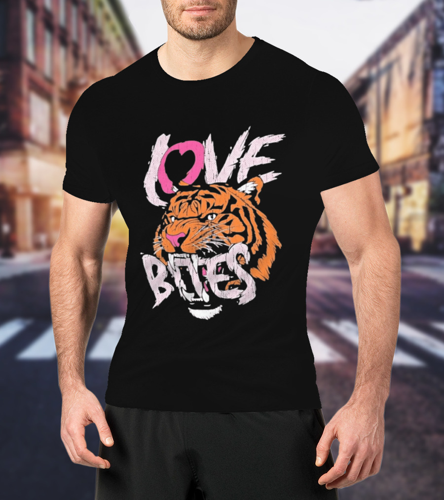 Love Bites Roaring Tiger Face Bold Pink And Orange T-Shirt
