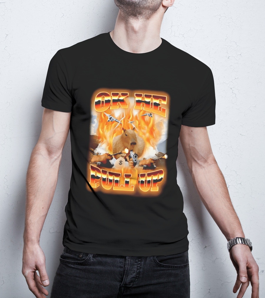 Ok He Pull Up Capybara Surrounded By Fire With Jets And Guns T-Shirt
