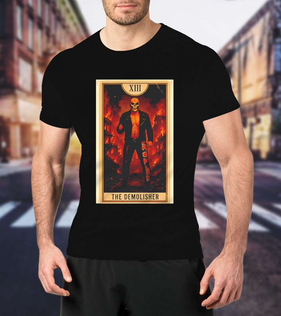XIII The Demolisher Tarot Card Skull Masked Figure In Flames T-Shirt