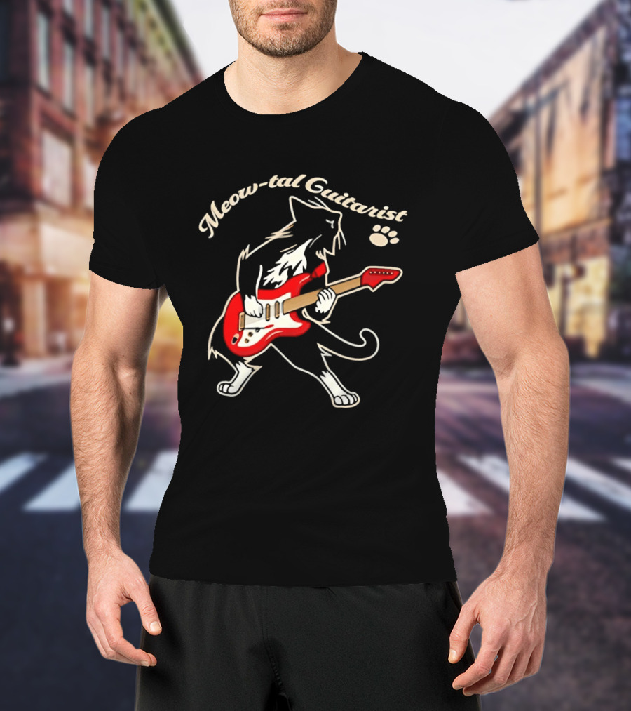 Meow Tal Guitarist Cat Playing Red Electric Guitar T-Shirt