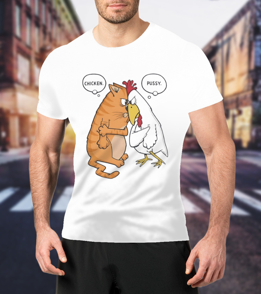 Chicken Pussy Standoff Cartoon Humor Confrontation T-Shirt