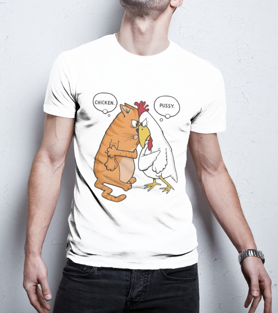 Chicken Pussy Standoff Cartoon Humor Confrontation T-Shirt