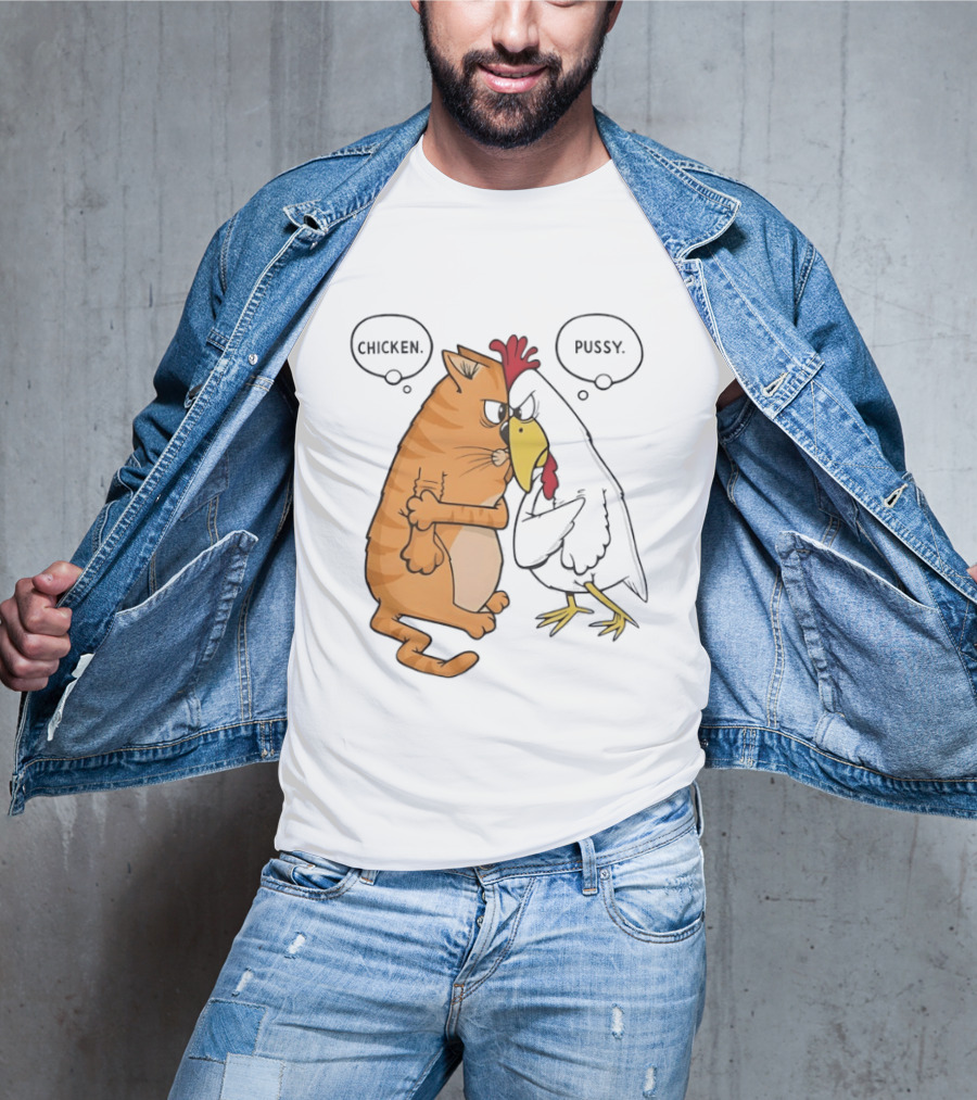 Chicken Pussy Standoff Cartoon Humor Confrontation T-Shirt