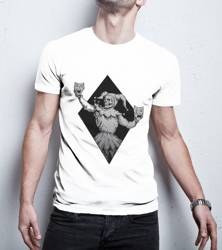 Skeleton Jester Holding Comedy And Tragedy Masks Medieval Gothic Costume T-Shirt