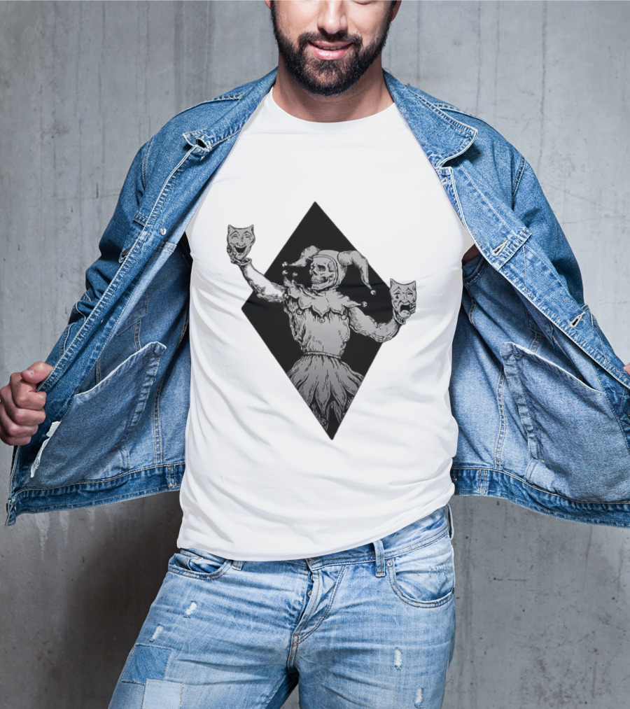 Skeleton Jester Holding Comedy And Tragedy Masks Medieval Gothic Costume T-Shirt