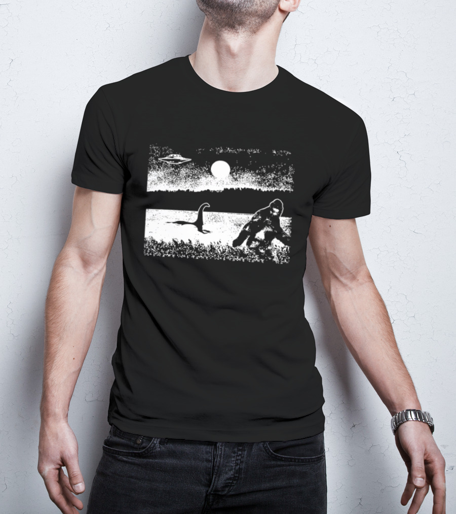 Bigfoot Nessie UFO Cryptid Creature Paranormal Mystery Nature Scene T-Shirt