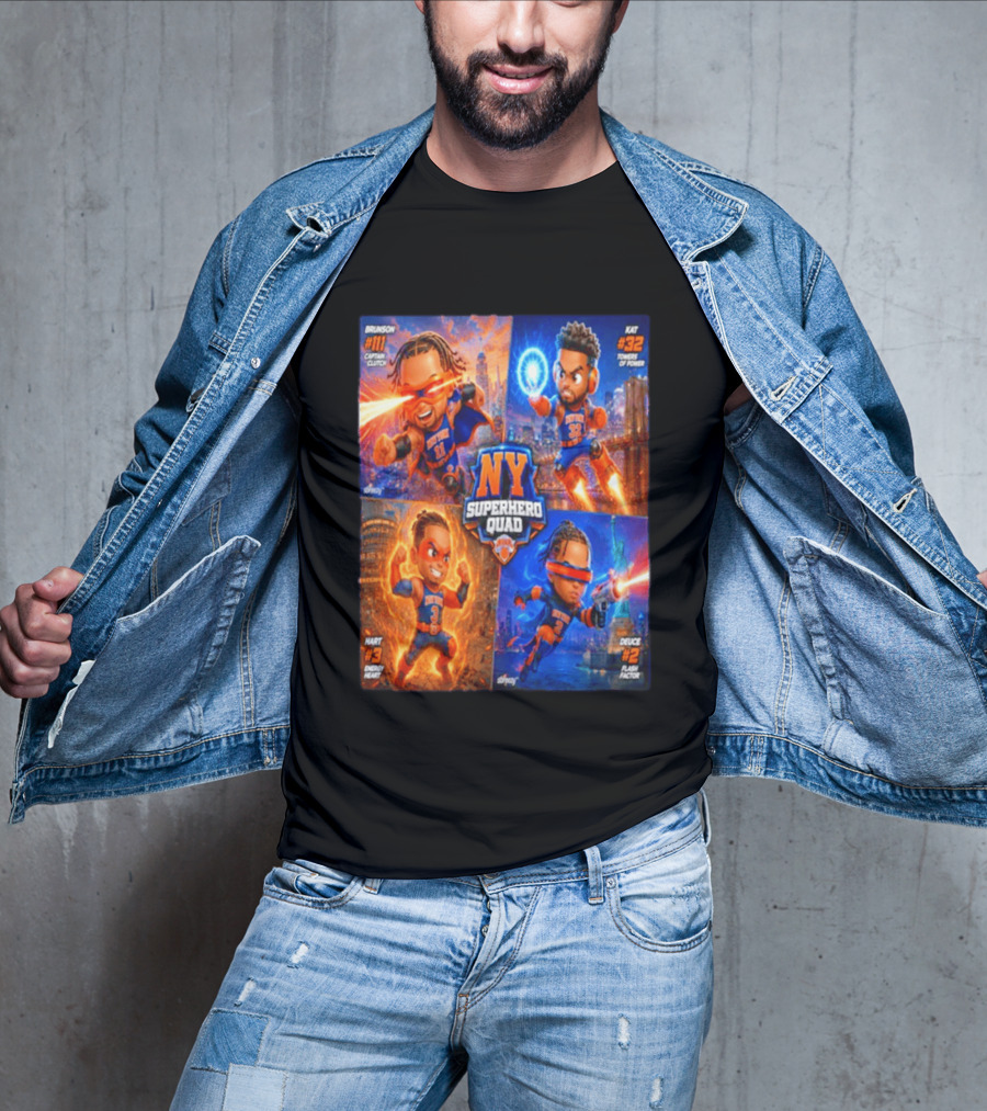 NY Superhero Quad Brunson Captain Clutch Hart Energy Heat Deuce Flash Factor Kat Towers Of Power T-Shirt