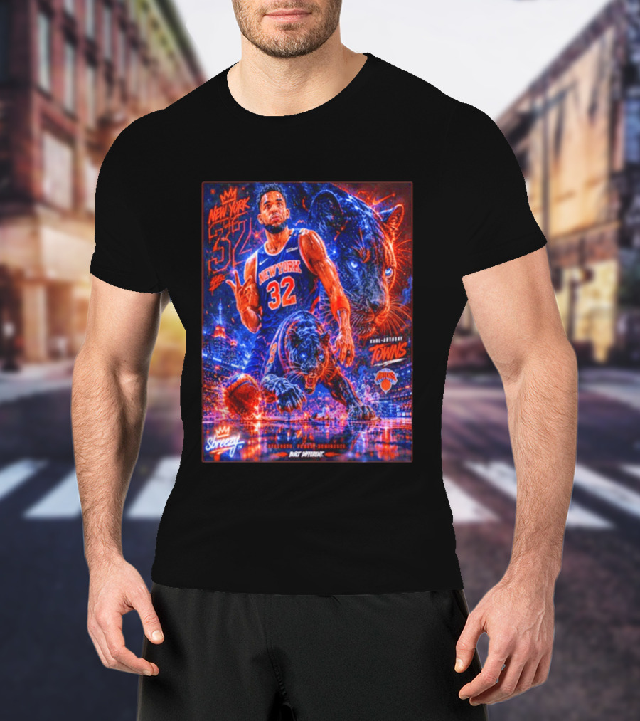 New York 32 Karl Anthony Towns Panther Blossom Street Slicey NBA Knicks T-Shirt