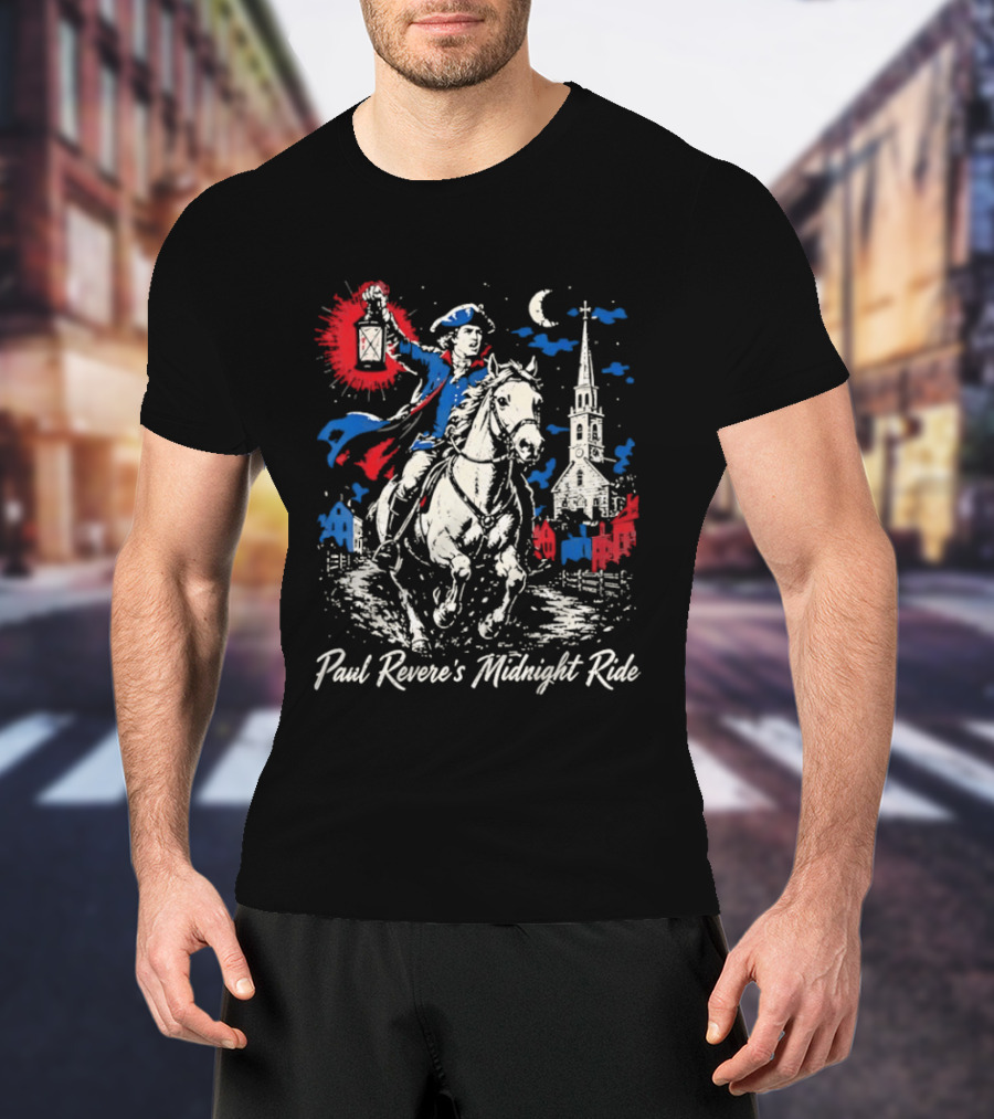 Paul Revere Midnight Ride American Revolutionary War Patriotic Historical Scene With Lantern And Church T-Shirt
